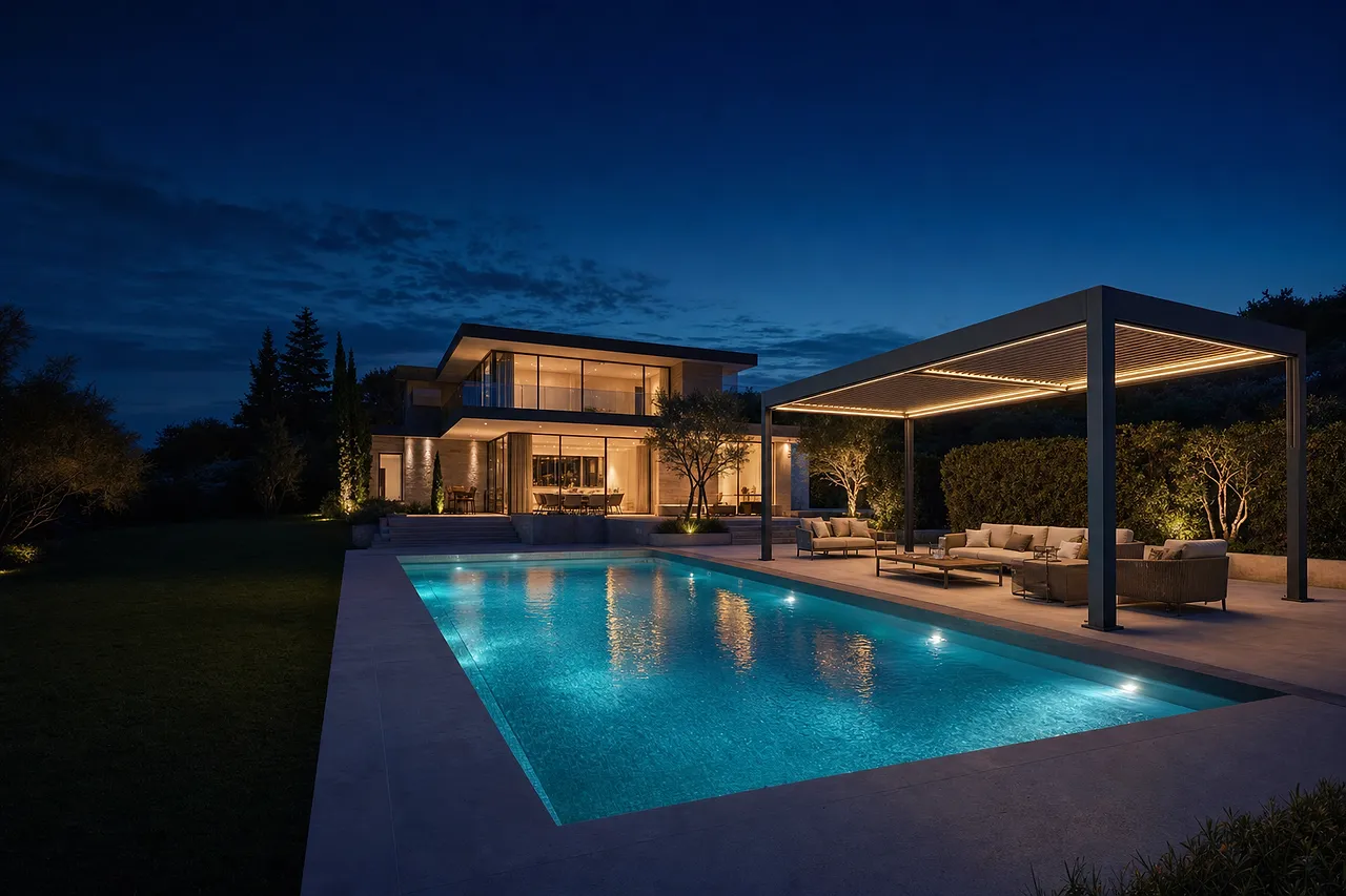 Pergola bioclimatique et piscine éclairées au crépuscule — aménagement extérieur CN Solutions au Luxembourg